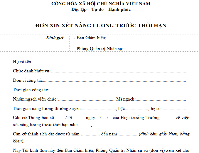 Đơn xin nâng lương trước thời hạn