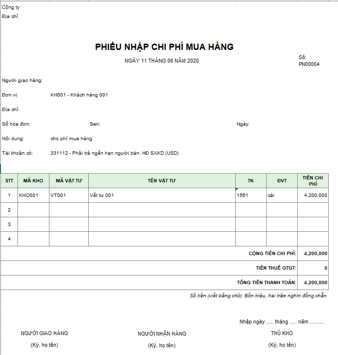 Mẫu phiếu nhập chi phí mua hàng