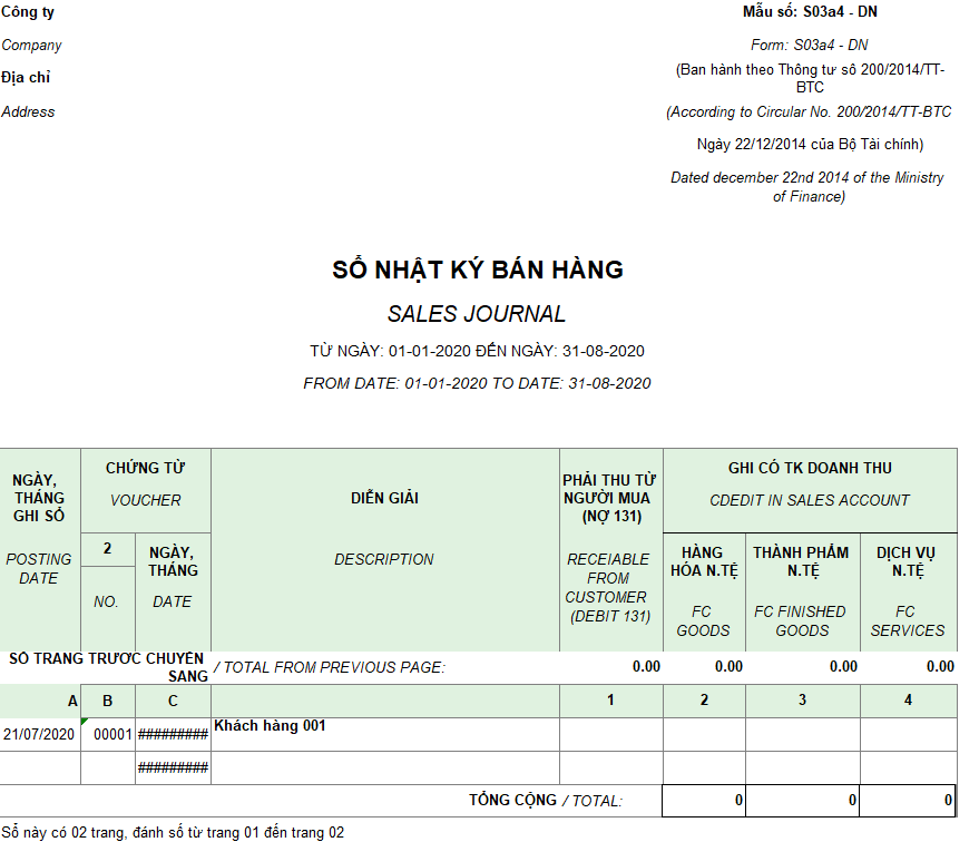 Mẫu sổ nhật ký bán hàng ( Song ngữ  - Ngoại tệ ) theo TT200