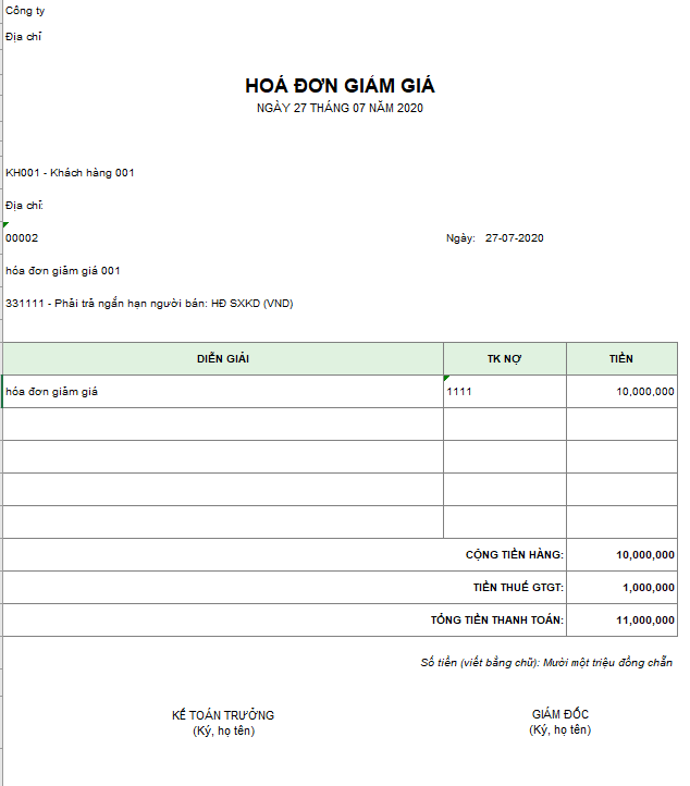 Mẫu hóa đơn giảm giá