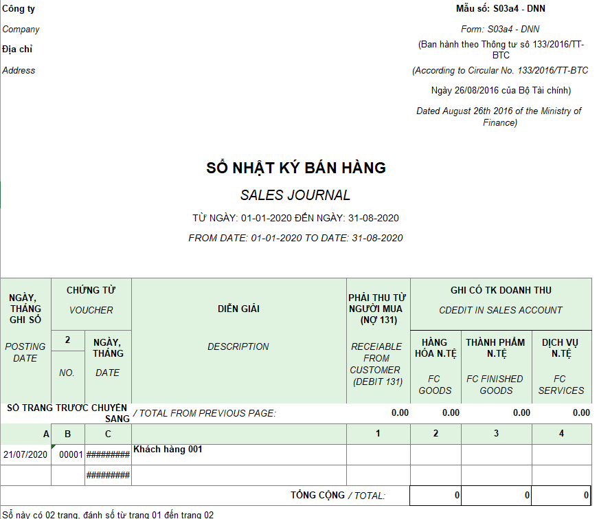 Mẫu sổ nhật ký bán hàng ( Song ngữ - Ngoại tệ ) theo TT133