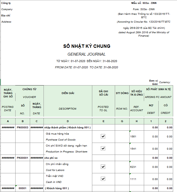Mẫu sổ nhật ký chung theo TT133 ( Song ngữ - Ngoại tệ)
