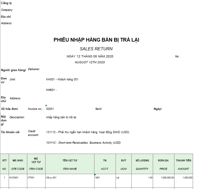 Mẫu phiếu nhập hàng bán bị trả lại ( Song ngữ )