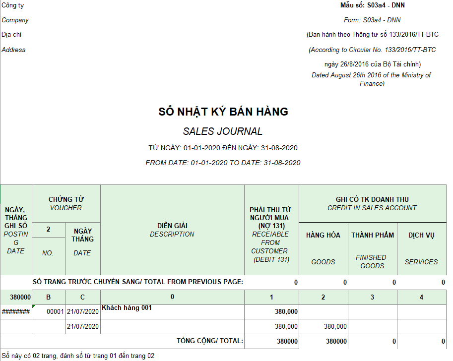 Mẫu sổ nhật ký bán hàng ( Song ngữ ) theo TT133