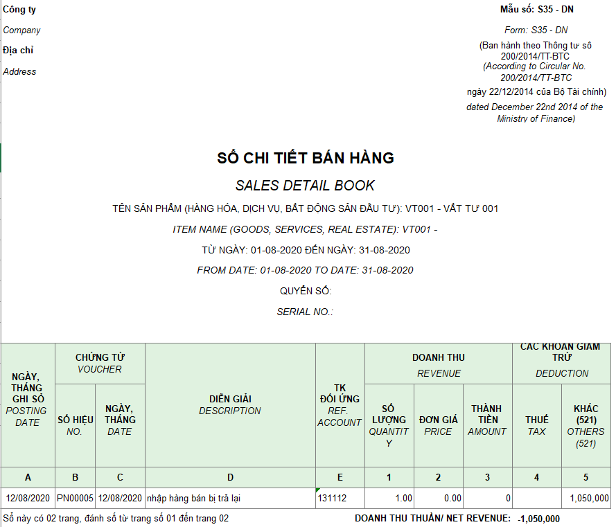 Mẫu sổ chi tiết bán hàng ( Song ngữ ) theo TT 200