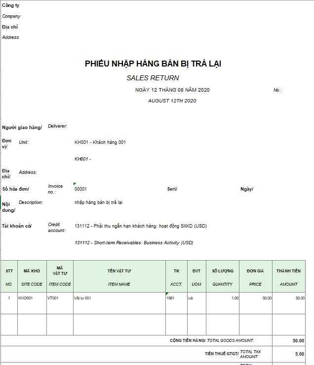 Mẫu phiếu nhập hàng bán bị trả lại ( Song ngữ  - Ngoại tệ )