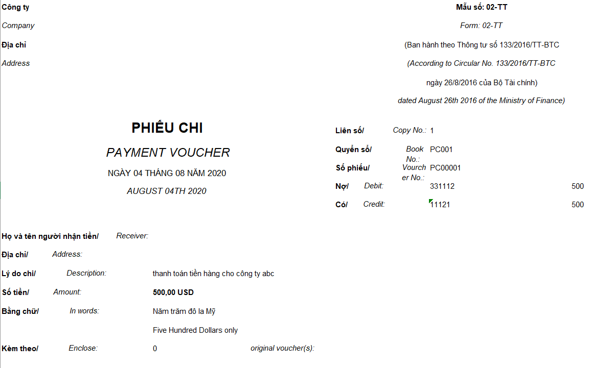 Mẫu phiếu chi theo TT 133 ( Song ngữ - Ngoại tệ)