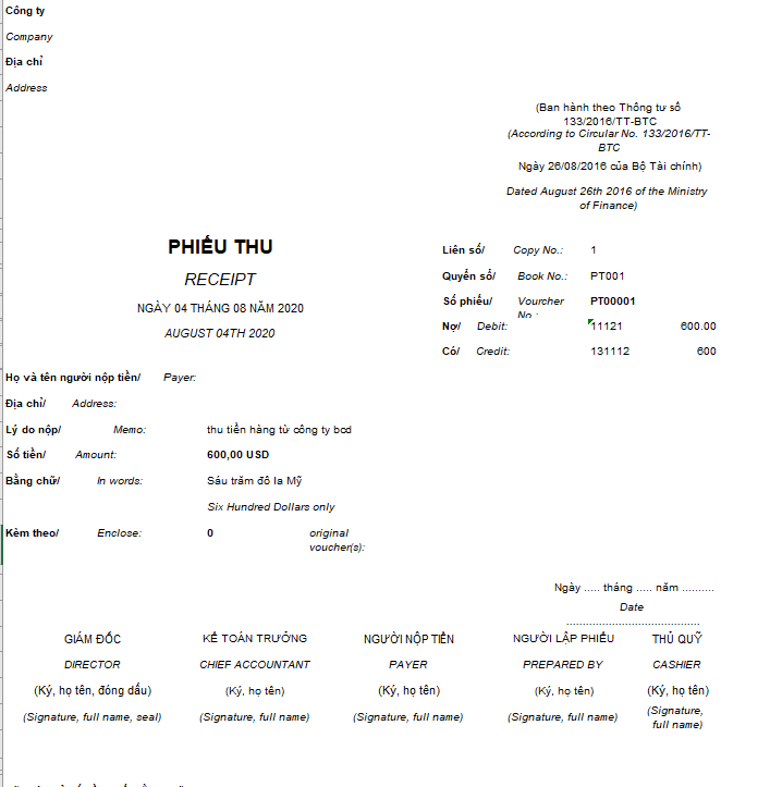 Mẫu phiếu thu theo TT 133 ( Song ngữ - Ngoại tệ)