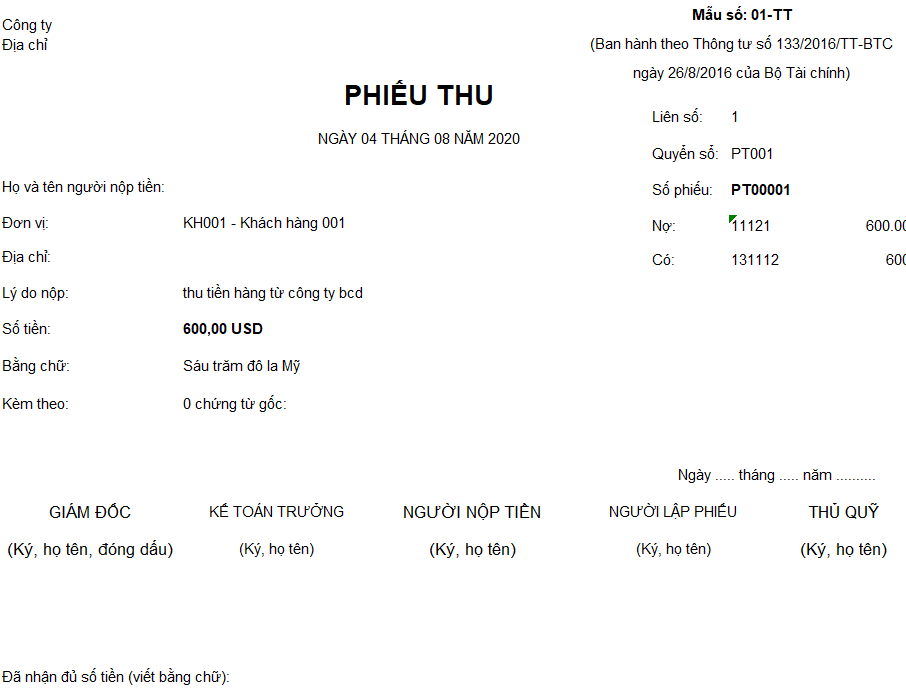 Mẫu phiếu thu theo TT 133 ( Ngoại tệ)