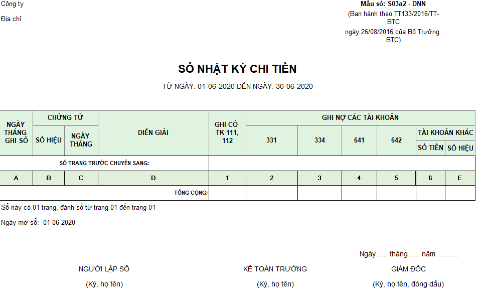 Mẫu sổ nhật ký chi tiền ( Ngoại tệ) theo TT133/2016/TT-BTC ngày 26/08/2016 của Bộ Tài chính