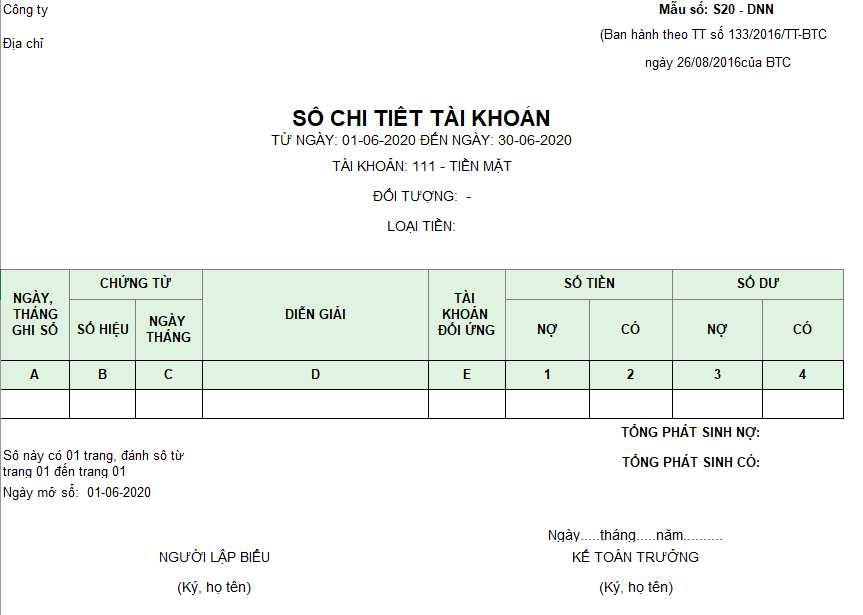 Mẫu sổ chi tiết các tài khoản ( Ngoại tệ) theo TT133/2016/TT-BTC ngày 26/08/2016 của Bộ Tài chính