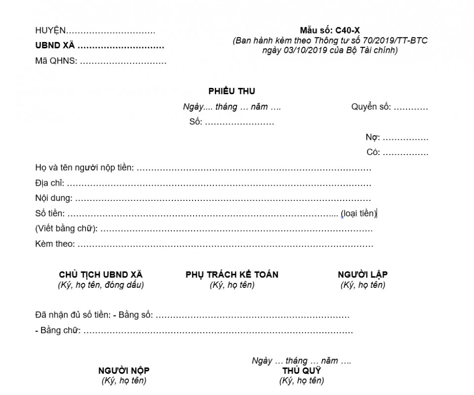 Mẫu phiếu thu theo Thông tư số 70/2019/TT-BTC ngày 03/10/2019 của Bộ Tài chính