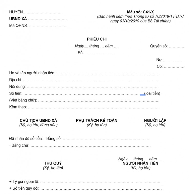 Mẫu phiếu chi theo Thông tư số 70/2019/TT-BTC ngày 03/10/2019 của Bộ Tài chính