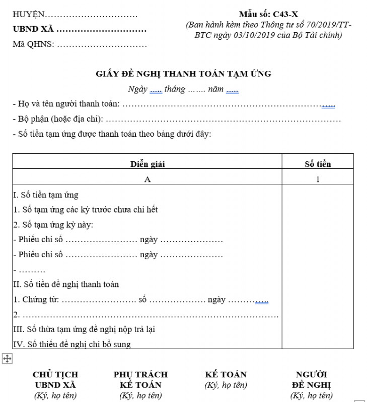 Mẫu giấy đề nghị thanh toán tạm ứng theo Thông tư số 70/2019/TT-BTC ngày 03/10/2019 của Bộ Tài chính