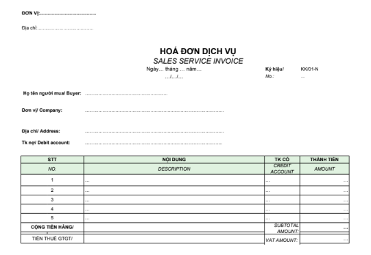 Mẫu hóa đơn dịch vụ (SONG NGỮ)