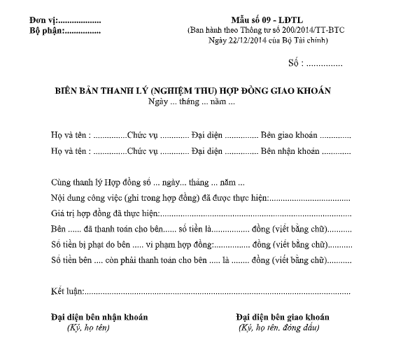 Mẫu biên bản thanh lý (nghiệm thu) hợp đồng giao khoán theo TT200/2014/TT-BTC ngày 22/12/2014 của Bộ Tài chính