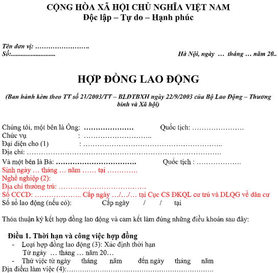 Mẫu hợp đồng lao động ( xác định kỳ hạn) mới nhất năm 2023