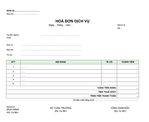 Mẫu hóa đơn dịch vụ
