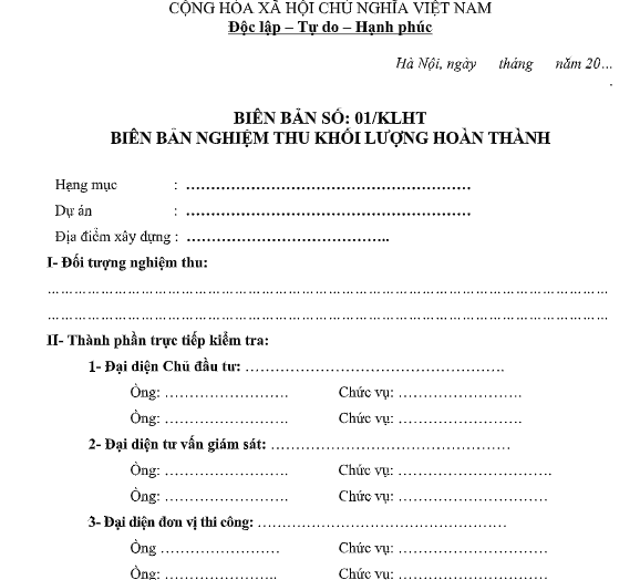 Mẫu biên bản nghiệm thu khối lượng hoàn thành