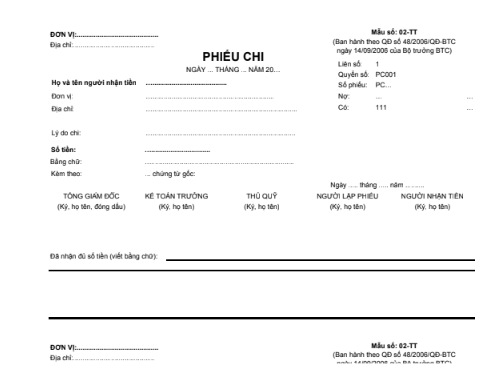 Mẫu phiếu chi (2 liên) theo QĐ số 48/2006/QĐ-BTC ngày 14/09/2006 của Bộ trưởng Bộ Tài chính