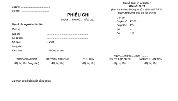 Mẫu phiếu chi (1/2A4) theo TT133/2016/TT-BTC ngày 26/08/2016  của Bộ Tài chính