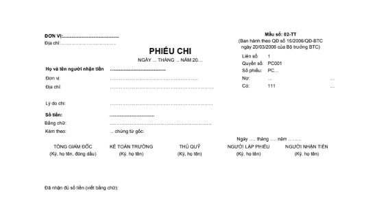 Mẫu phiếu chi (2 liên) theo QĐ số 15/2006/QĐ-BTC ngày 20/03/2006 của Bộ trưởng Bộ Tài chính