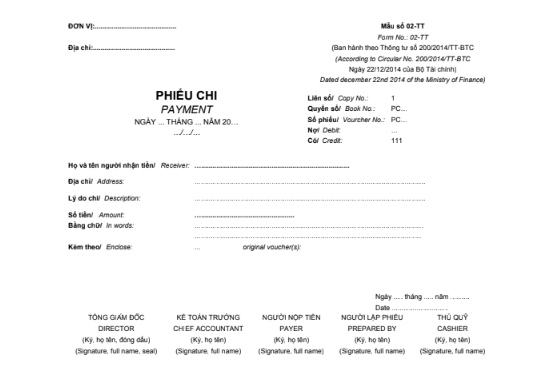 Mẫu phiếu chi (1/2A4) SONG NGỮ theo TT200/2014/TT-BTC ngày 22/12/2014 của Bộ Tài chính
