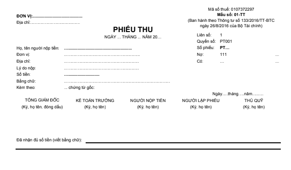 Mẫu phiếu thu (1/2A4) theo TT133/2016/TT-BTC ngày 26/08/2016 của Bộ Tài chính