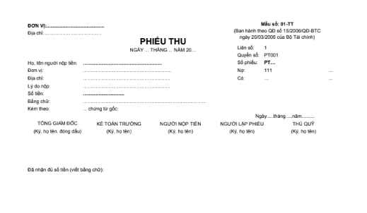 Mẫu phiếu thu (2 liên) theo QĐ số 15/2006/QĐ-BTC ngày 20/03/2006 của Bộ trưởng Bộ Tài chính