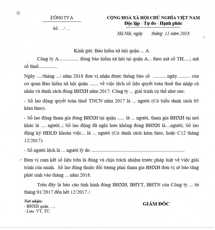 Công văn giải trình BHXH