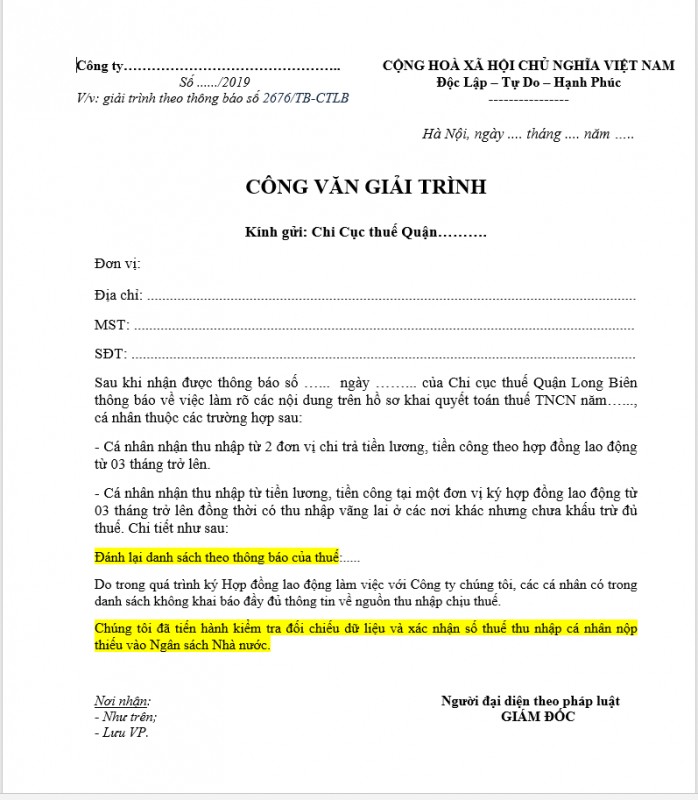 Công văn giải trình sai thuế TNCN