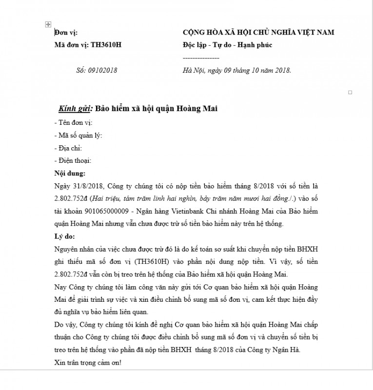 Công văn giải trình bị treo tiền BHXH