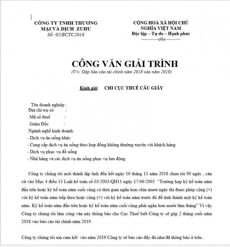 Công văn xin gộp BCTC vào năm sau