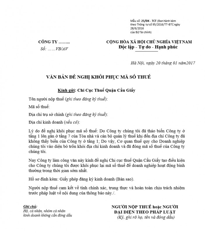 Công văn xin khôi phục lại MST