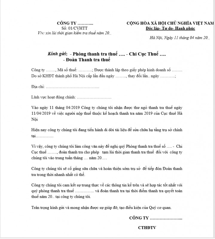 Công văn xin lùi thời gian quyết toán thuế