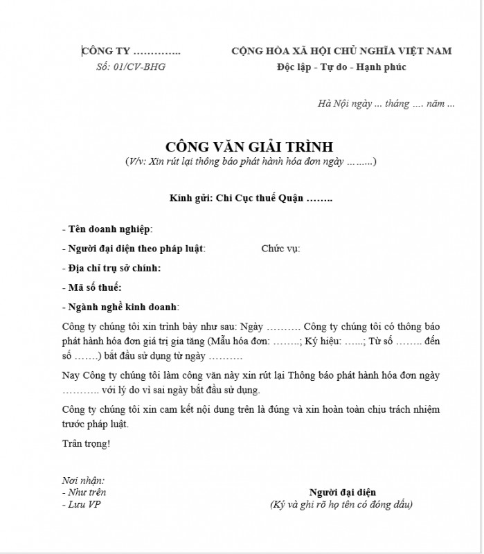 Công văn xin rút lại thông báo phát hành hóa đơn