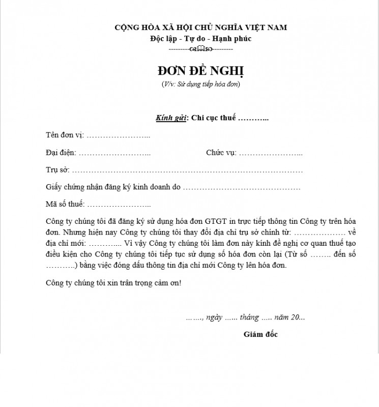 Công văn xin tiếp tục sử dụng hóa đơn cũ khi thay đổi trụ sở
