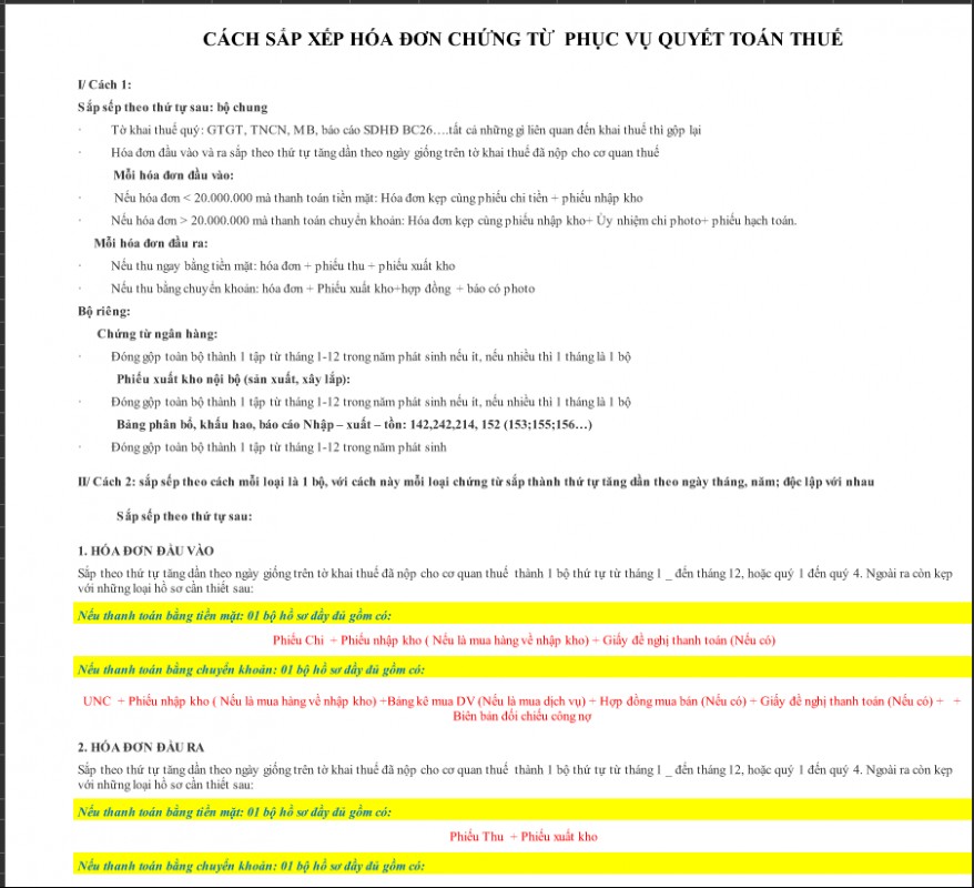 CÁCH SẮP XẾP HÓA ĐƠN CHỨNG TỪ  PHỤC VỤ QUYẾT TOÁN THUẾ