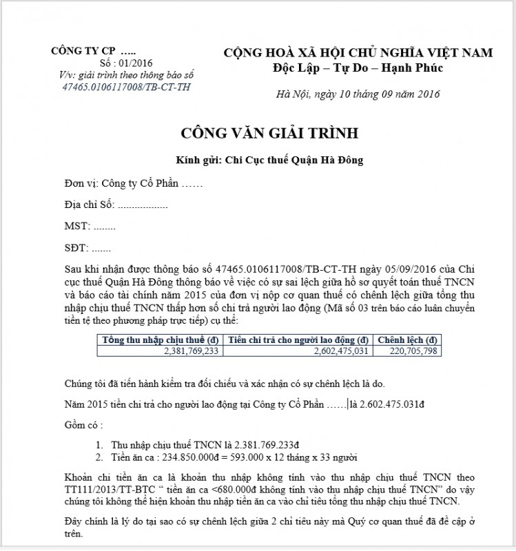 Công văn giải trình sai số thuế TNCN