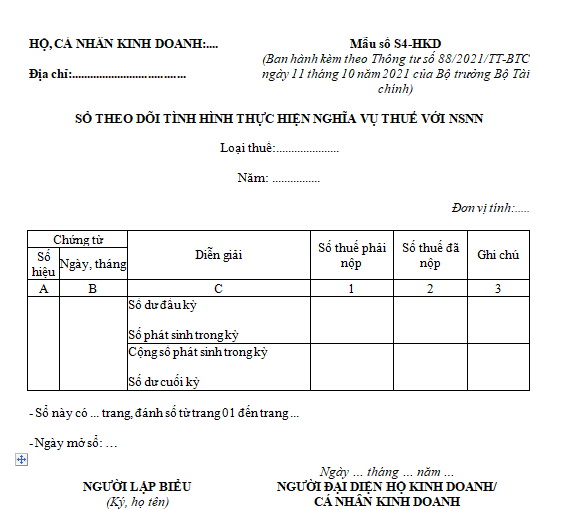 Mẫu S4-HKD: Sổ theo dõi tình hình thực hiện nghĩa vụ với NSNN