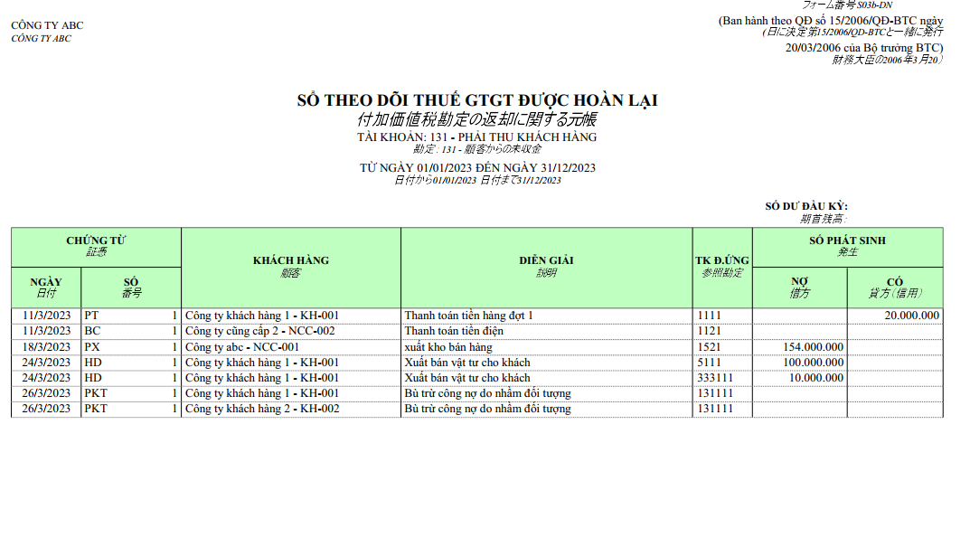 Mẫu sổ theo dõi thuế GTGT được hoàn lại ( SONG NGỮ - TIẾNG NHẬT )