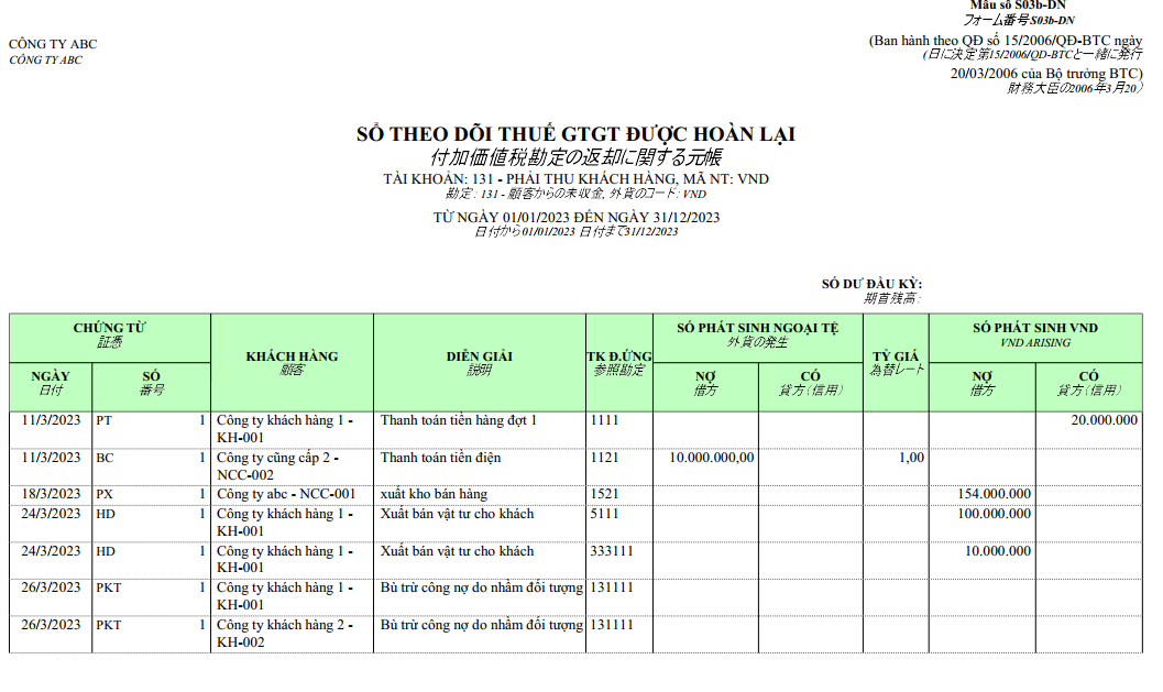 Mẫu sổ theo dõi thuế GTGT được hoàn lại ngoại tệ ( SONG NGỮ - TIẾNG NHẬT )
