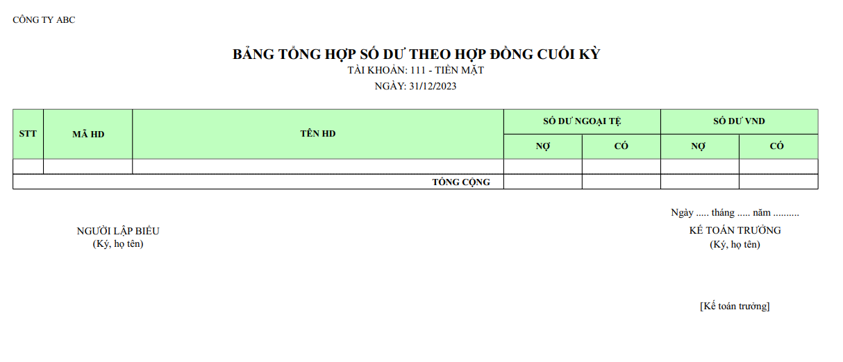 Mẫu bảng tổng hợp số dư theo hợp đồng cuối kỳ ( Ngoại tệ )