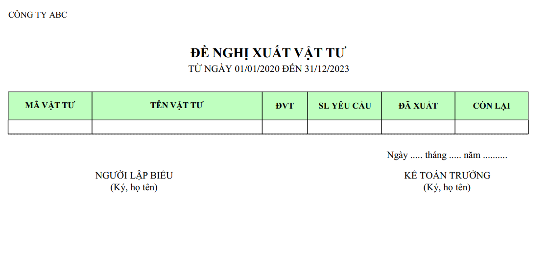 Mẫu đề nghị xuất vật tư tổng hợp