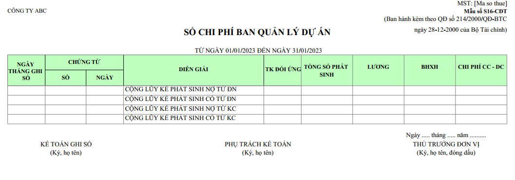 Mẫu sổ chi phí ban quản lý  dự án