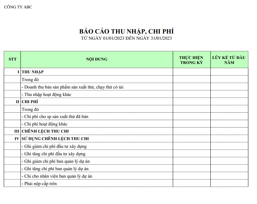 Mẫu báo cáo thu nhập, chi phí