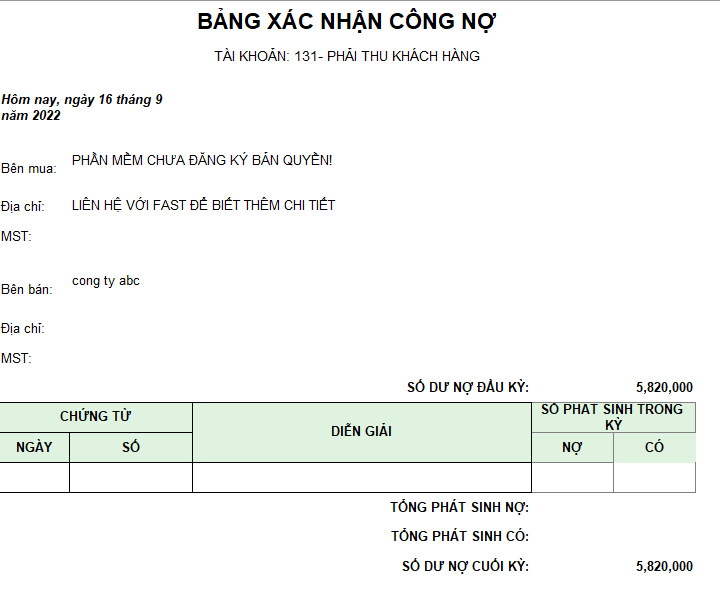 Bảng xác nhận công nợ