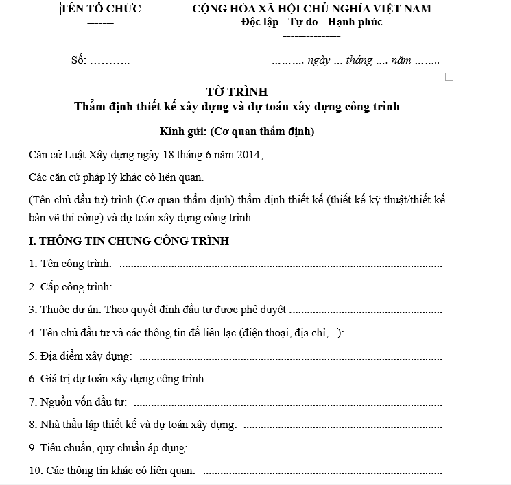 Mẫu tờ trình thẩm định thiết kế xây dựng và dự toán xây dựng công trình