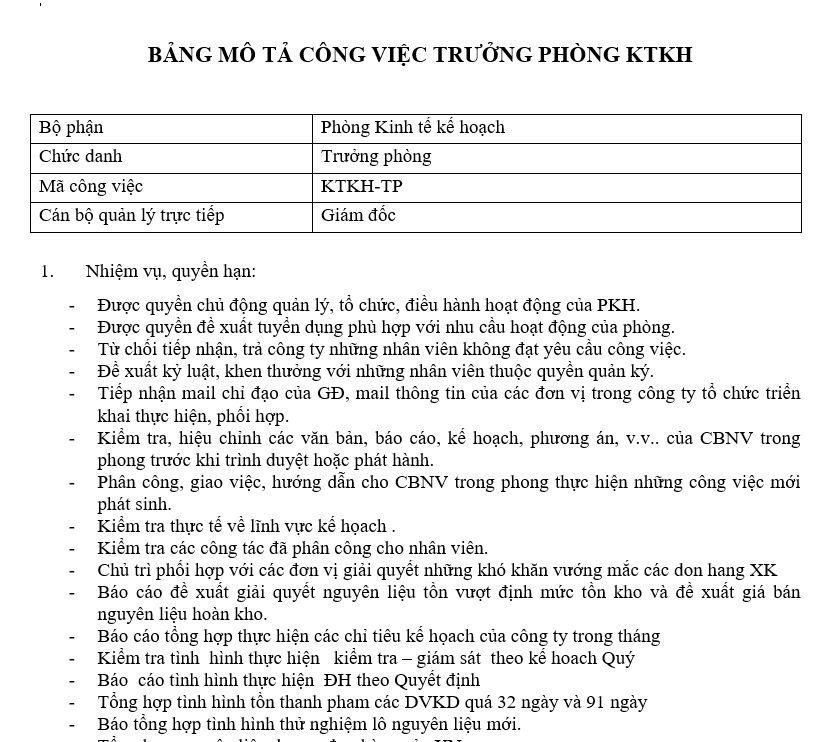 Bảng mô tả công việc trưởng phòng KTKH