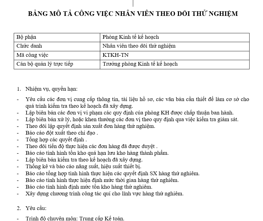 Bảng mô tả công việc của nhân viên theo dõi thử nghiệm